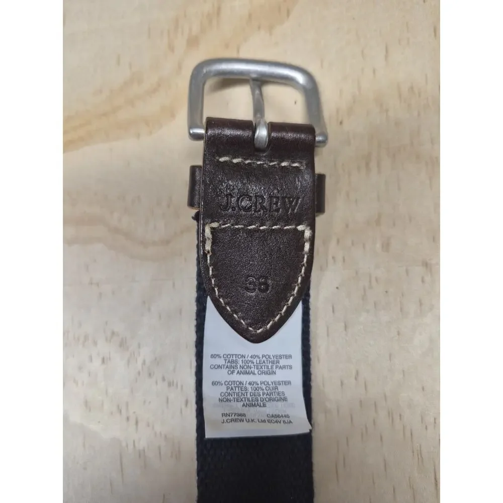 J.Crew Men’s 38 Fish Trout Embroidered Canvas & Leather Belt Navy/Brown Silver
